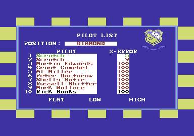 Blue Angels: Formation Flight Simulation (Commodore 64) screenshot: Pilot list