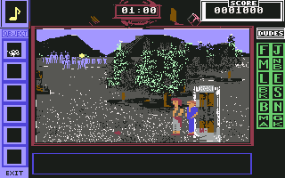 Bill & Ted's Excellent Adventure (Commodore 64) screenshot: Bill and Ted have just landed in the middle of nowhere