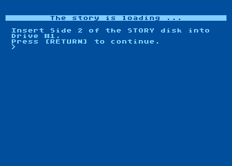 Zork III: The Dungeon Master (Atari 8-bit) screenshot: Insert side 2 of the story disk into drive #1. Press [RETURN] to continue (release 17 (double-sided disk))