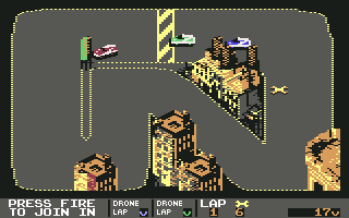 Badlands (Commodore 64) screenshot: When a car crosses the finish line, a wrench appears