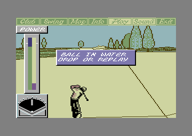 Greg Norman's Shark Attack! The Ultimate Golf Simulator (Commodore 64) screenshot: Drat! Out of the sand trap and into the drink!