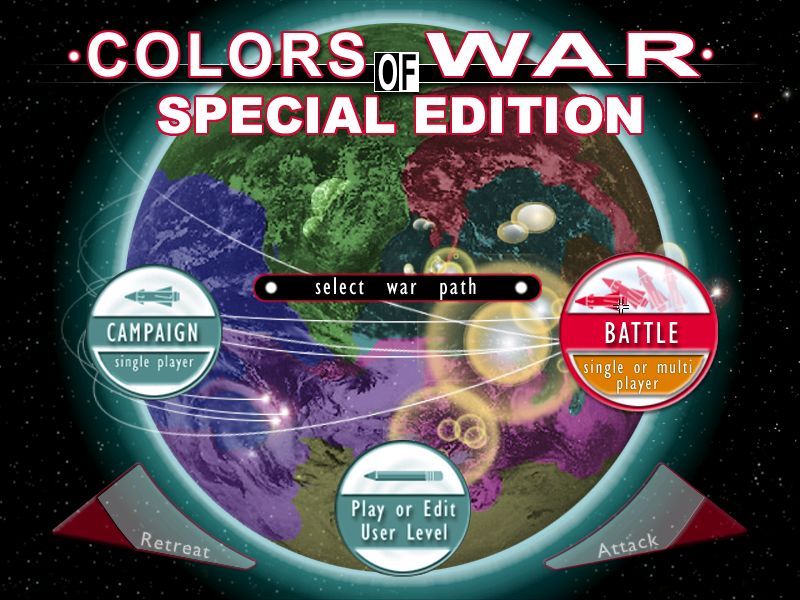 Colors of War (Windows) screenshot: The title screen and main menu. Attack & Retreat are used in place of Forward & Back Colors of War SE release