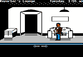 The Scoop (Apple II) screenshot: Lounge... Where's the coffee machine?