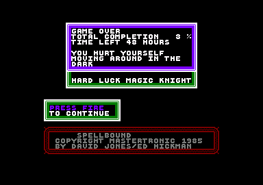 Spellbound (Amstrad CPC) screenshot: I died. Game over.