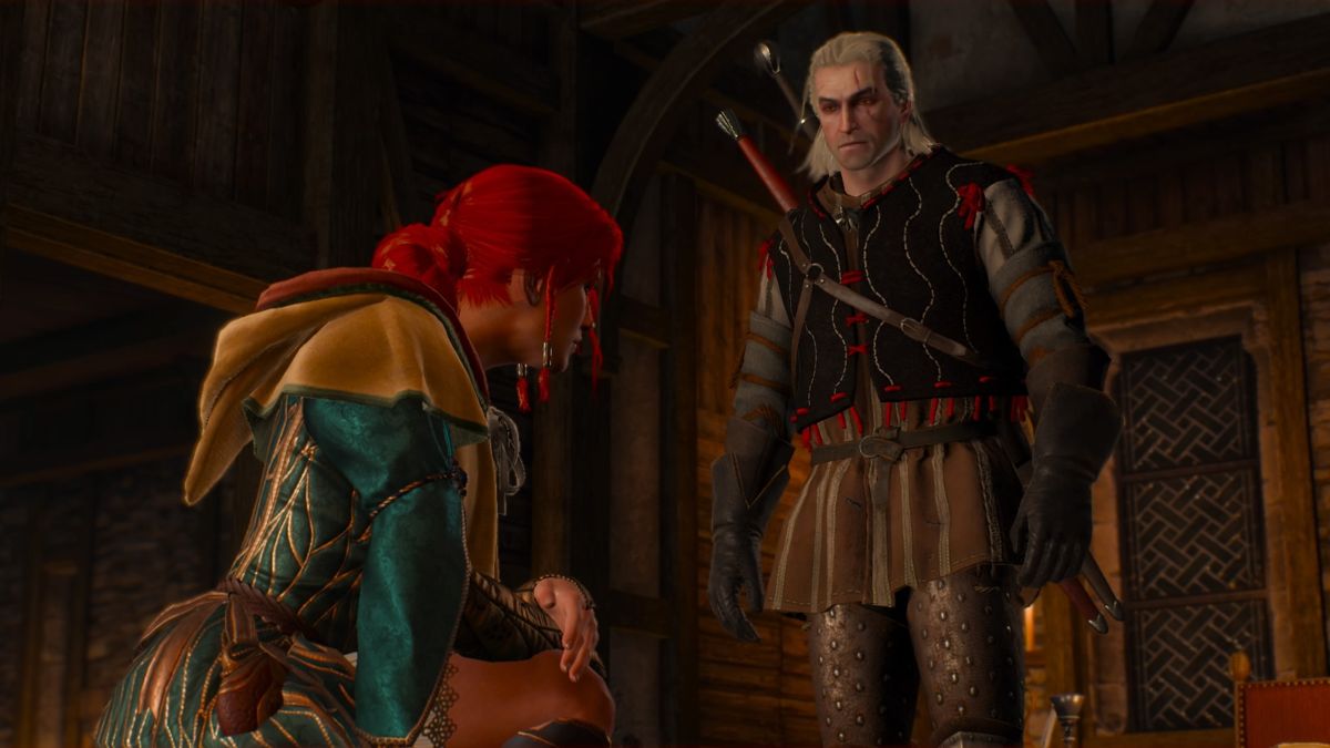 The Witcher 3: Wild Hunt - Alternative Look for Triss (PlayStation 4) screenshot: Searching for clues on the body of a witch hunter leader