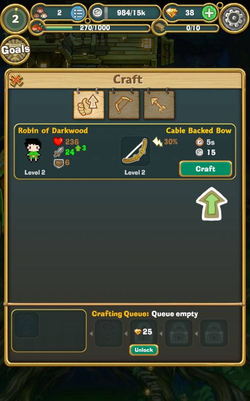 Little Raiders: Robin's Revenge (Android) screenshot: You can craft a new type of bow for Robin.