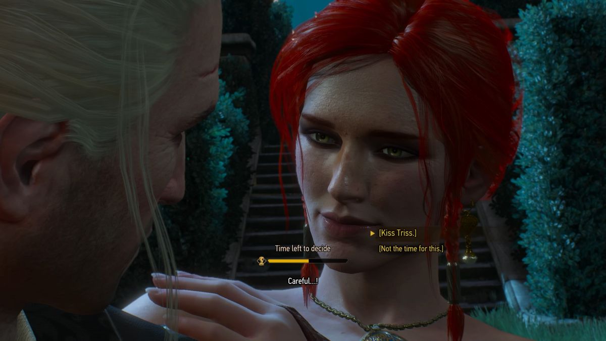 The Witcher 3: Wild Hunt - Alternative Look for Triss (PlayStation 4) screenshot: The scene I've been waiting for, no time to read anything past the first choice :)