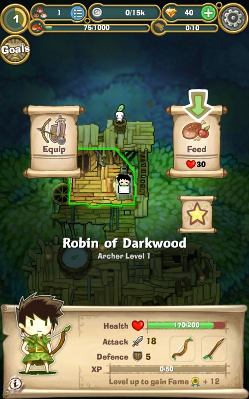 Little Raiders: Robin's Revenge (Android) screenshot: You can feed inhabitants and equip weapons or other items.