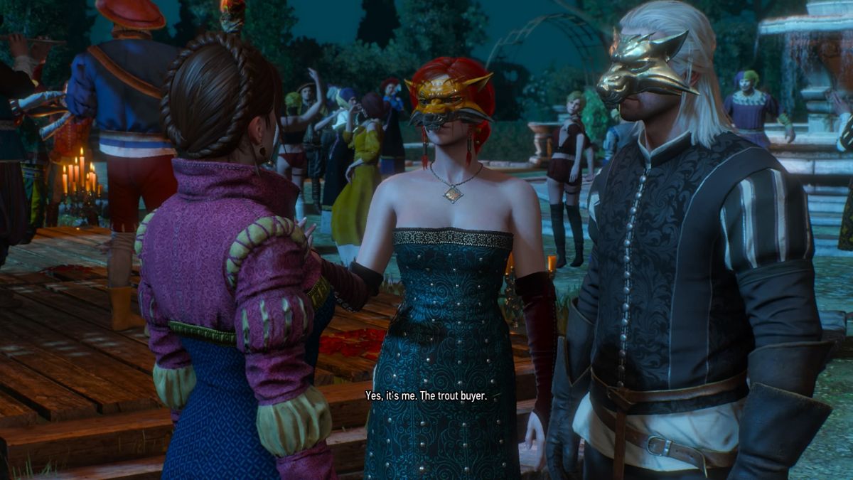 The Witcher 3: Wild Hunt - Alternative Look for Triss (PlayStation 4) screenshot: Triss and Geralt at the costume party