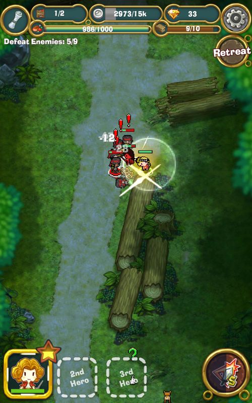 Little Raiders: Robin's Revenge (Android) screenshot: Robin is discovered as he snuck through the trees on the right.
