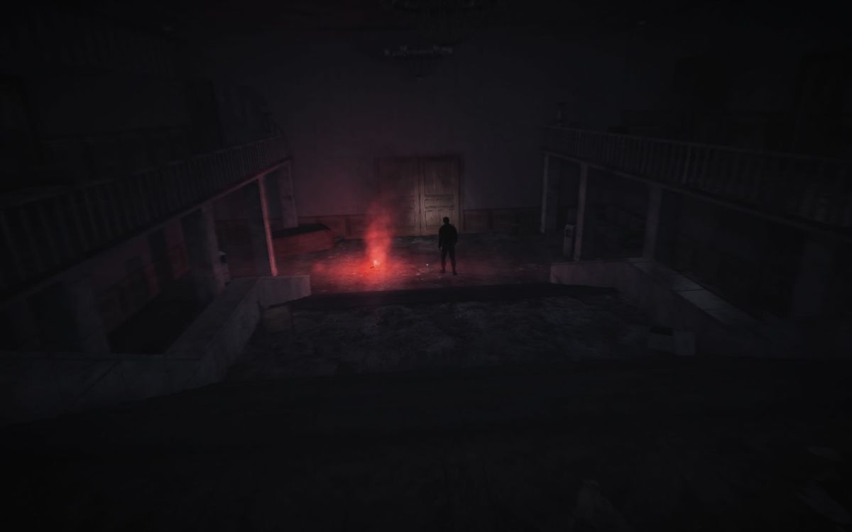 35MM (Windows) screenshot: Your companion uses a flare in this dark room.