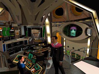 Star Trek: Deep Space Nine - Harbinger (DOS) screenshot: The command Deck inside Deep Space 9, Sisko and Dax conversing.