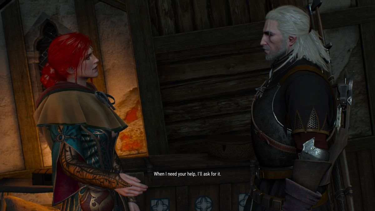 The Witcher 3: Wild Hunt - Alternative Look for Triss (PlayStation 4) screenshot: She's complaining, but she's glad Geralt stood up to her defense
