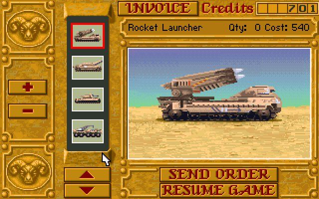 Dune II: The Building of a Dynasty (DOS) screenshot: When purchasing units from smugglers at the Starport, wait for the right price.