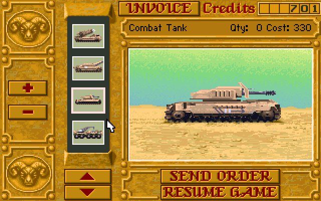 Dune II: The Building of a Dynasty (DOS) screenshot: A regular combat tank, powerful enough and can squash enemy infantry.