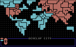 Lords of Conquest (Commodore 64) screenshot: The computer just built a city - indicated by the diagonal lines on the territory,