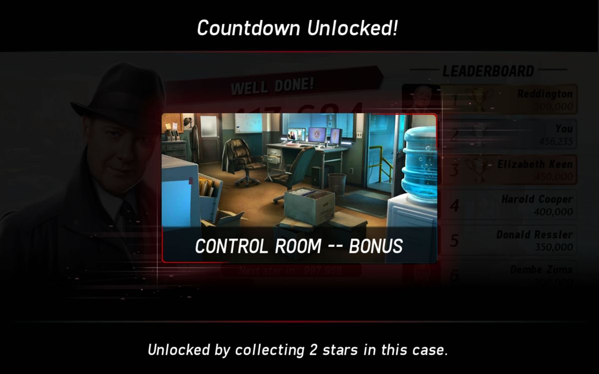 The Blacklist: Conspiracy (Android) screenshot: A new scene has been unlocked.