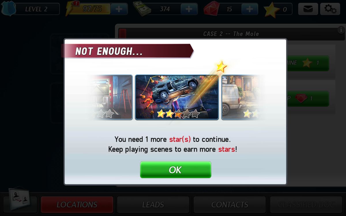 The Blacklist: Conspiracy (Android) screenshot: Stars are important to analyze the clues.