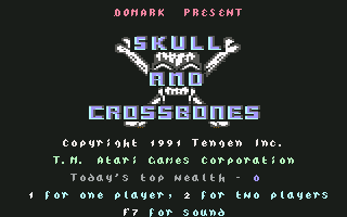 Skull & Crossbones (Commodore 64) screenshot: Title screen and main menu