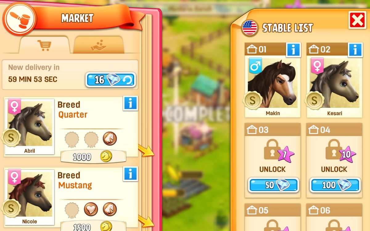 Horse Haven: World Adventures (Android) screenshot: Horses can be bought and sold on the market.