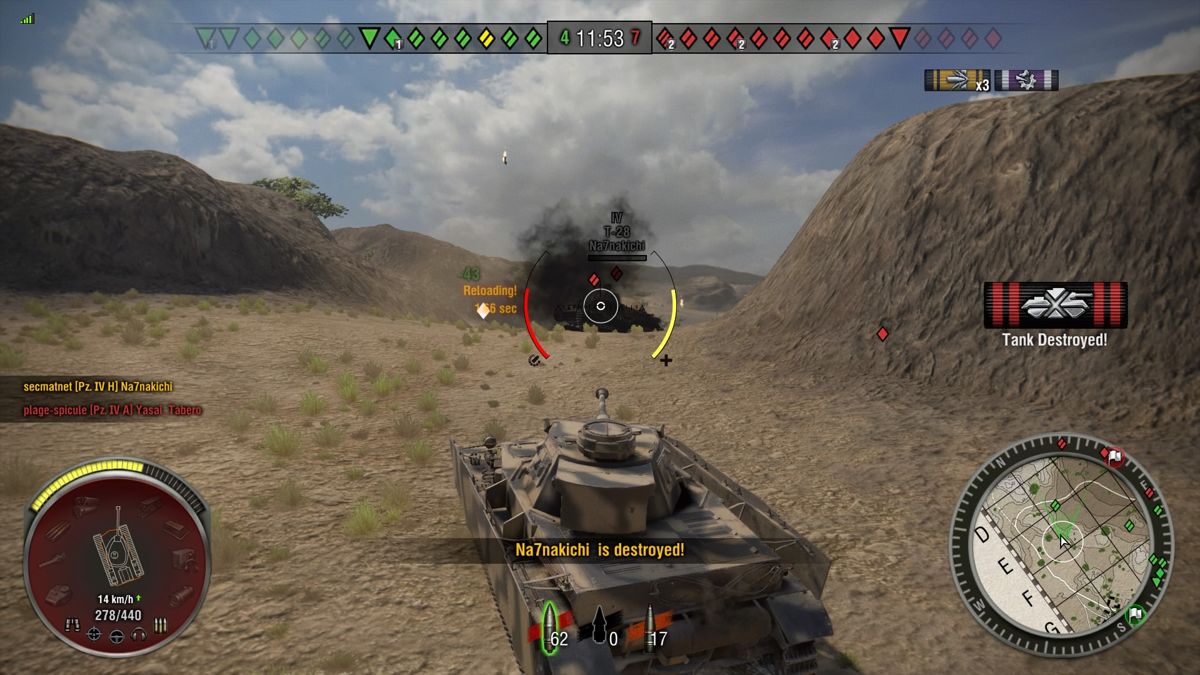 World of Tanks (PlayStation 4) screenshot: Enemy tank destroyed, but my team is at the disadvantage