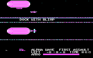 Flightmare (DOS) screenshot: Docking with the blimp to replenish ammunition.