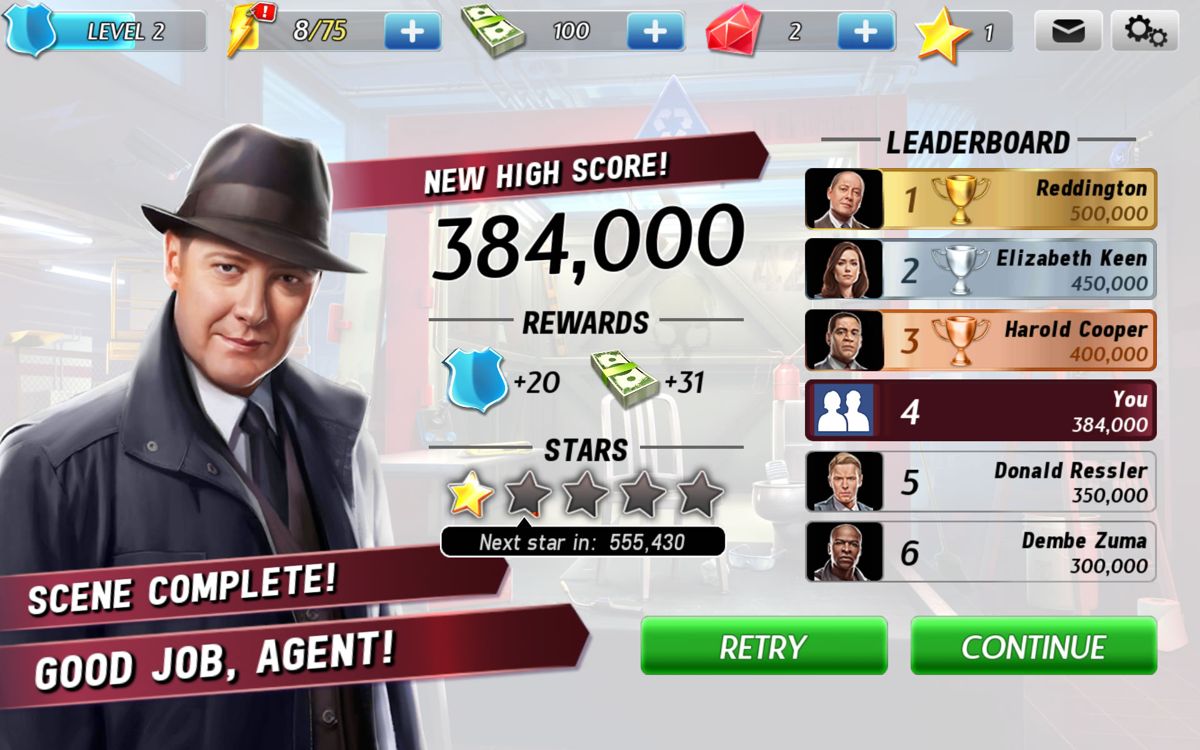 The Blacklist: Conspiracy (Android) screenshot: Results for a hidden object scene