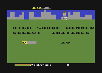 Kaboom! (Atari 8-bit) screenshot: I lost my last bucket. Enter initials.