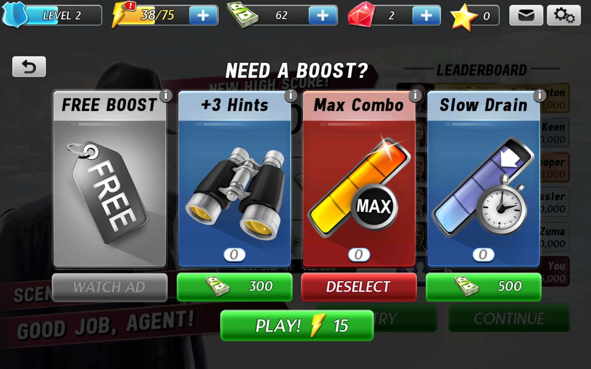The Blacklist: Conspiracy (Android) screenshot: Select a boost before starting a scene.