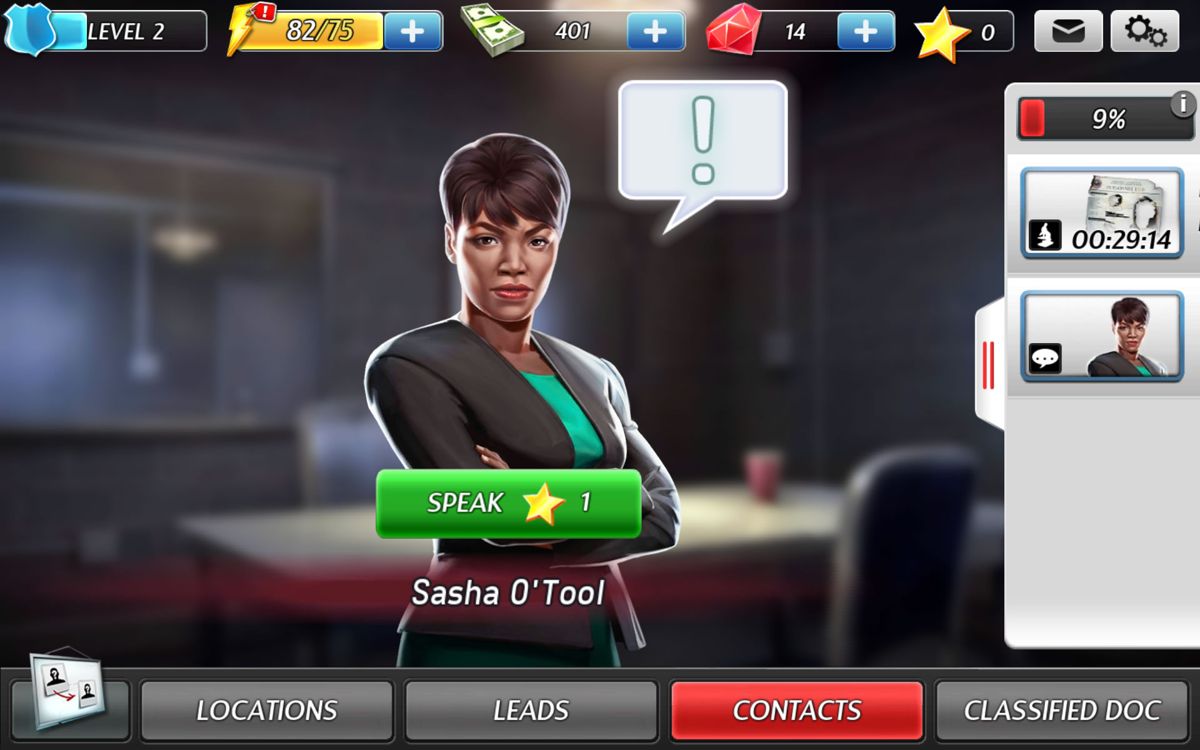 The Blacklist: Conspiracy (Android) screenshot: Sasha is available as a new contact and she can be interrogated about the break-in in the FBI's records room.