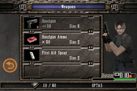 Resident Evil 4: Mobile Edition (iPhone) screenshot: The inventory screen