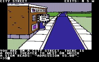 Masquerade (Commodore 64) screenshot: Outside movie theater.