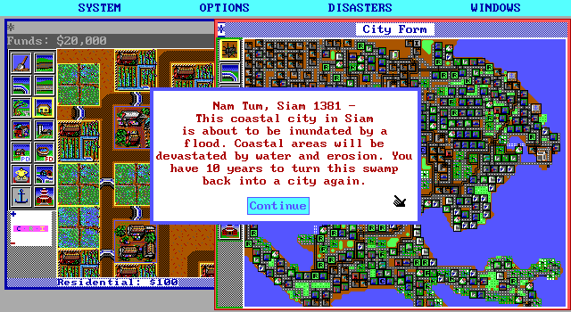 SimCity Graphics Set 1: Ancient Cities (DOS) screenshot: In addition to changing the graphics, a lot of the game messages and scenario texts are altered to reflect the new times. (EGA HI-RES)