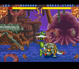 Teenage Mutant Ninja Turtles: Tournament Fighters (SNES) screenshot: Armaggon evading Leonardo's attack