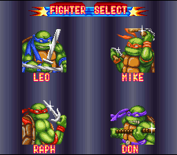 Teenage Mutant Ninja Turtles: Tournament Fighters (SNES) screenshot: In Story Mode you can only choose between the four Turtles