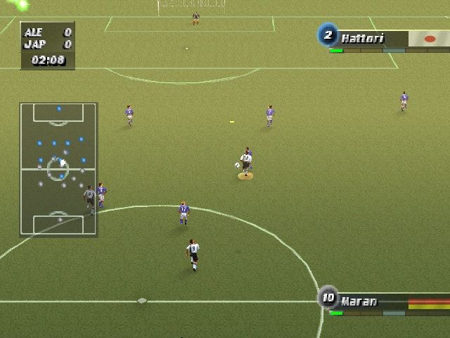Ronaldo V-Football (PlayStation) screenshot: It's also possible to play in a Sensible style camera. Great for long range efforts and incisive passes