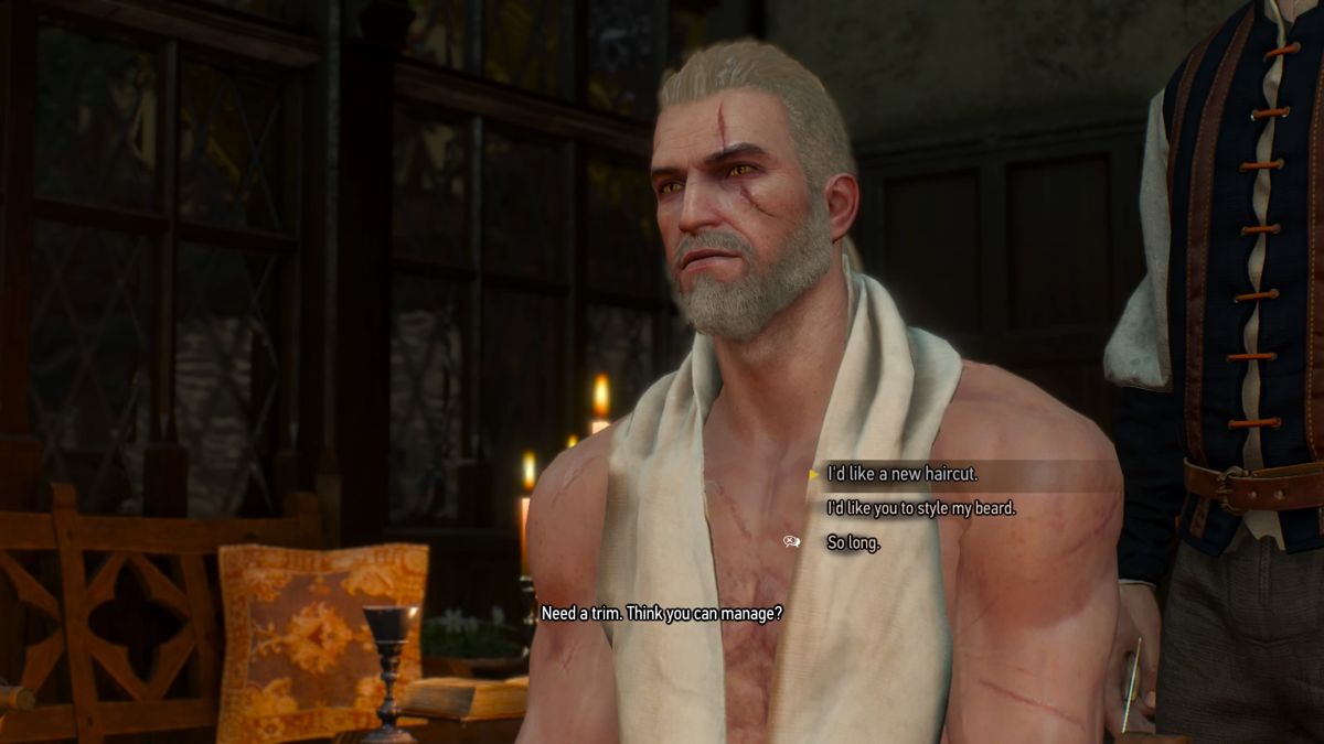 The Witcher 3: Wild Hunt - Beard and Hairstyle Set (PlayStation 4) screenshot: Shaved on the sides, short on top, and a pony tail