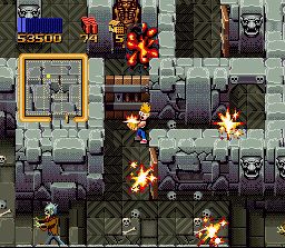 Zombies Ate My Neighbors (SNES) screenshot: Inside the Castle of Dr. Tongues Zeke uses a power-up that kills every monster on the screen