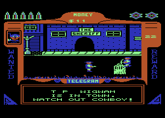 Gunfighter (Atari 8-bit) screenshot: T. P. Wigwam (teepee wigwam) has ridden into town.