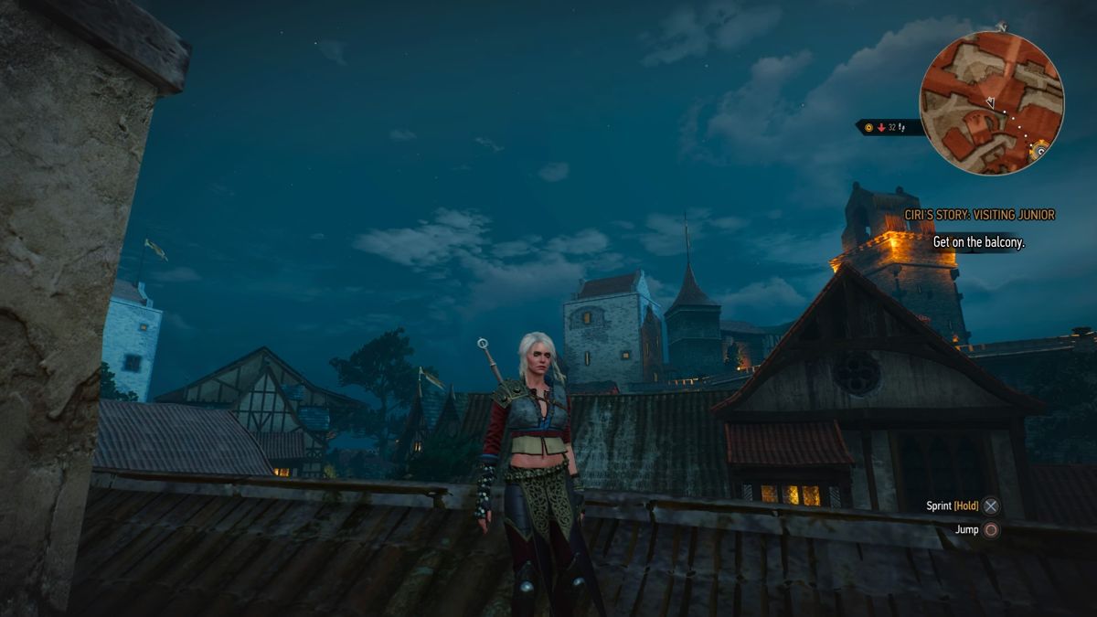 The Witcher 3: Wild Hunt - Alternative Look for Ciri (PlayStation 4) screenshot: Traversing the rooftops