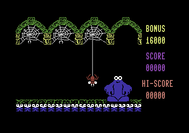 Through the Trap Door (Commodore 64) screenshot: Berk's way left is blocked by a spider