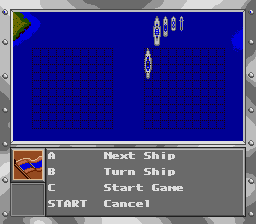 Super Battleship: The Classic Naval Combat Game (Genesis) screenshot: Placing the ships in Classic Battleship