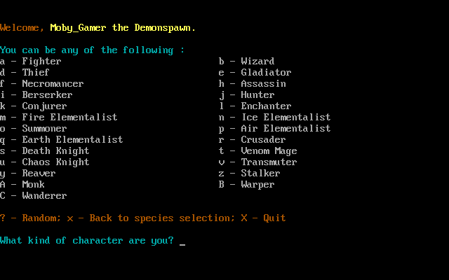 Linley Henzell's Dungeon Crawl (DOS) screenshot: An also-impressive class selection!