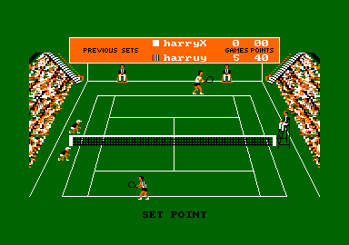 Tournament Tennis (Amstrad CPC) screenshot: If player 2 gets this point, they have the set.