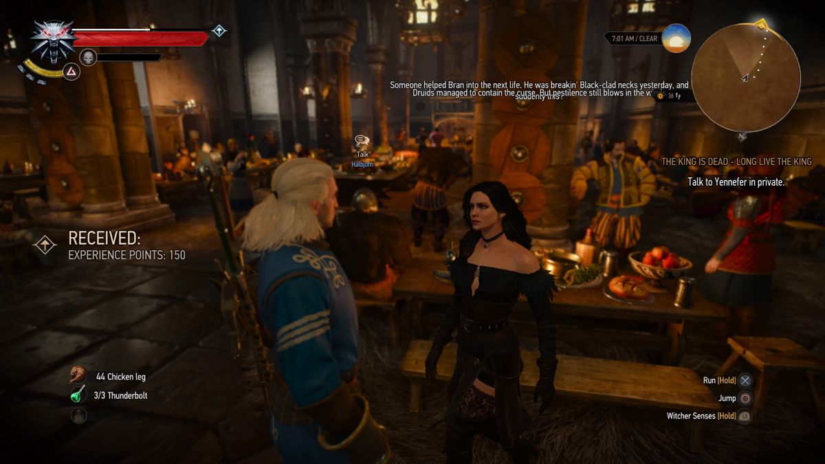 The Witcher 3: Wild Hunt - Alternative Look for Yennefer (PlayStation 4) screenshot: Geralt and Yennefer at the wake party