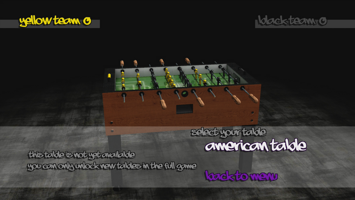 Table Soccer X (Xbox 360) screenshot: Selecting a table for the match (Trial version)