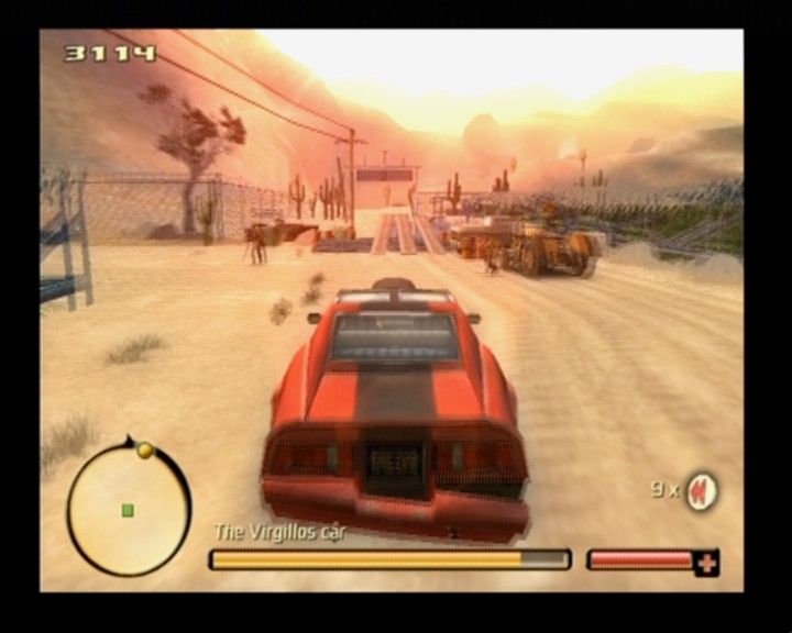 Total Overdose: A Gunslinger's Tale in Mexico (PlayStation 2) screenshot: Stealing the sports car, this road blockade won't stop you, though