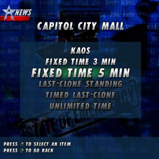 State of Emergency (PlayStation 2) screenshot: These are the different game modes in which level one can be played