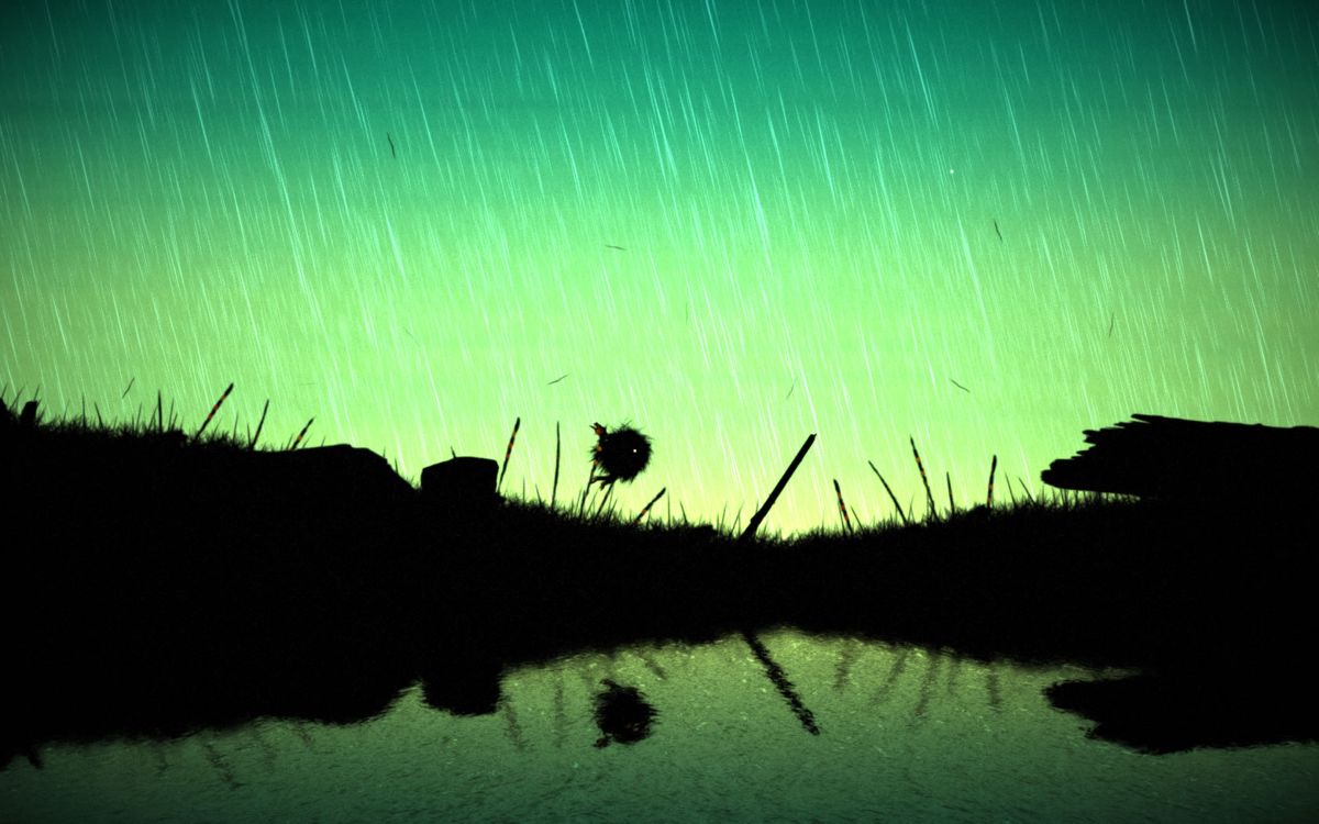 Feist (Windows) screenshot: Running in the rain, with a reflection below.
