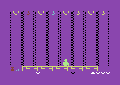 Alley Oops (Commodore 64) screenshot: The screen flashes through several colours when you quit a game
